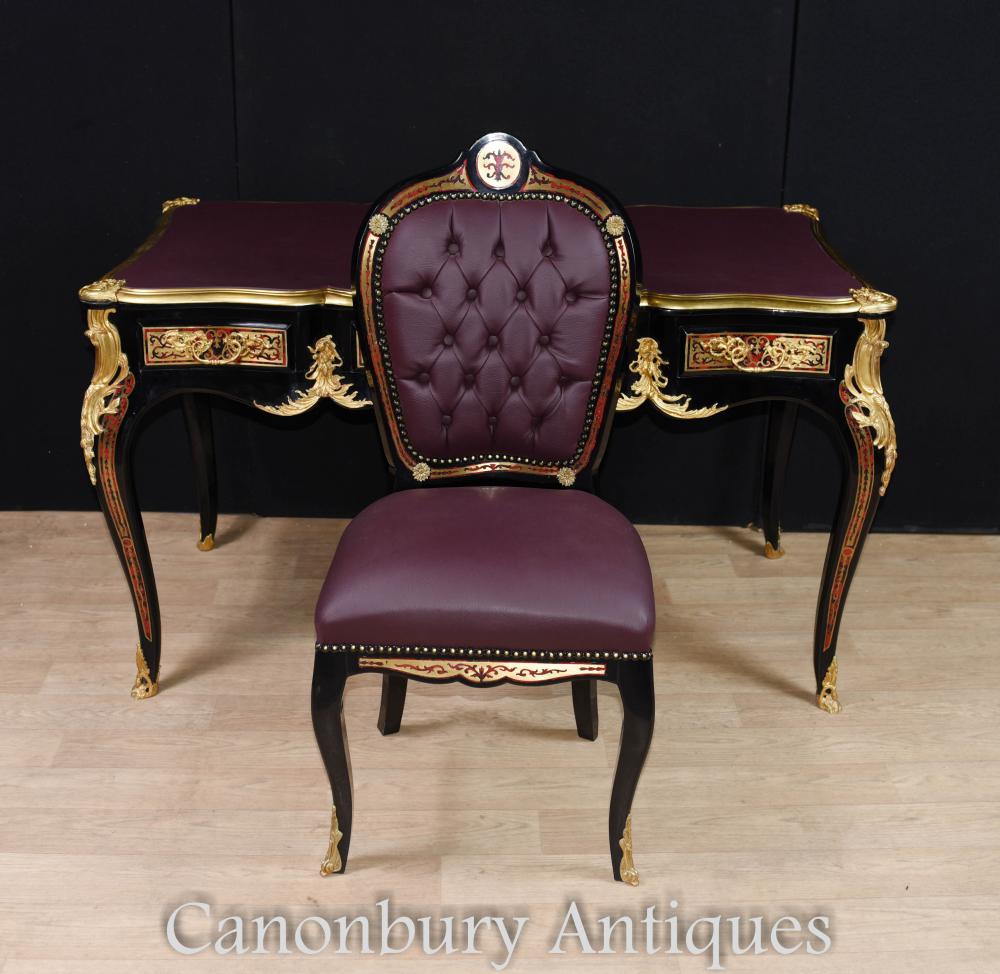 French Boulle Desk and Chair Set Writing Table Bureau Inlay Furniture