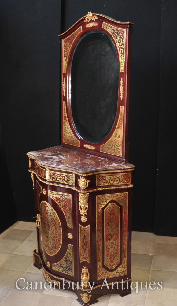 French Boulle Inlay Cabinet and Mirror Stand Credenza Dressing Table