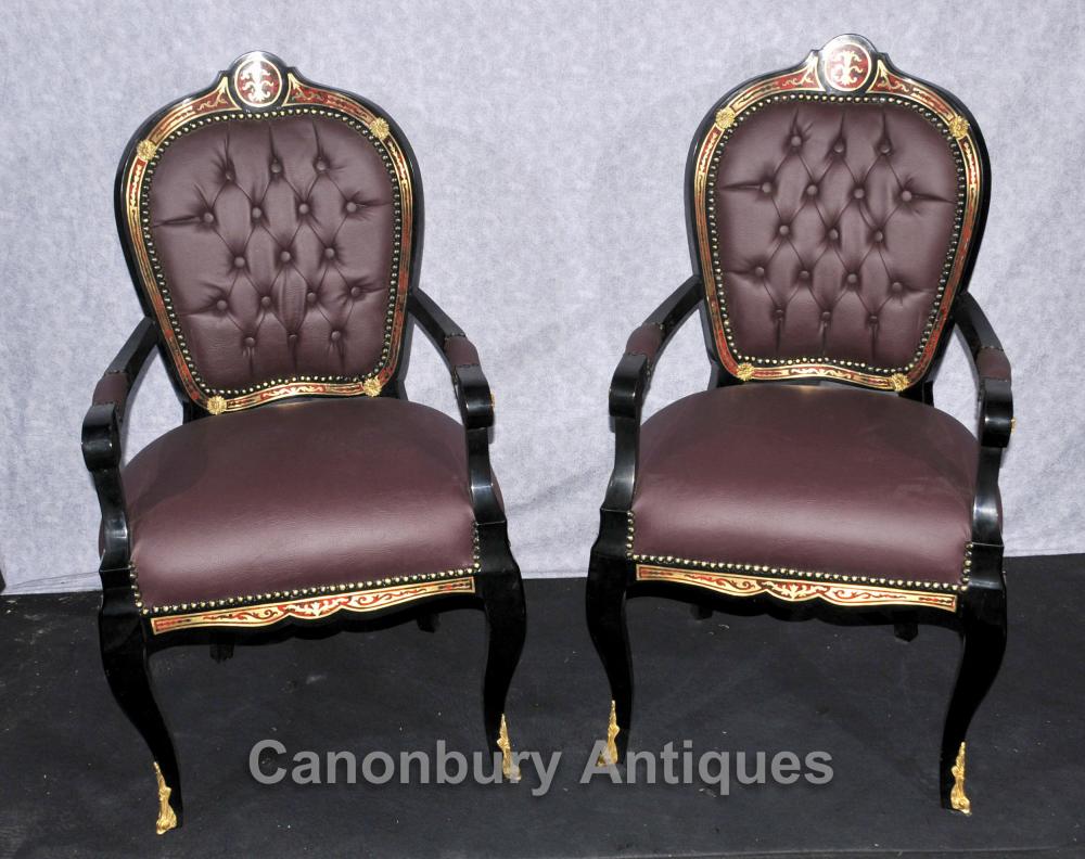 Pair French Boulle Arm Chairs Louis XV Fauteil Chair