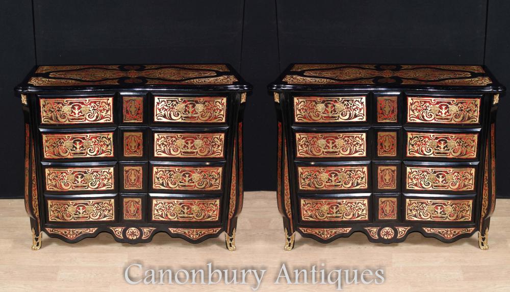 Pair French Boulle Inlay Bombe Commodes Chests Drawers